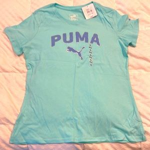 Puma Mesh Arch T-Shirt scoop neck size large slim fit. Aruba blue NWT